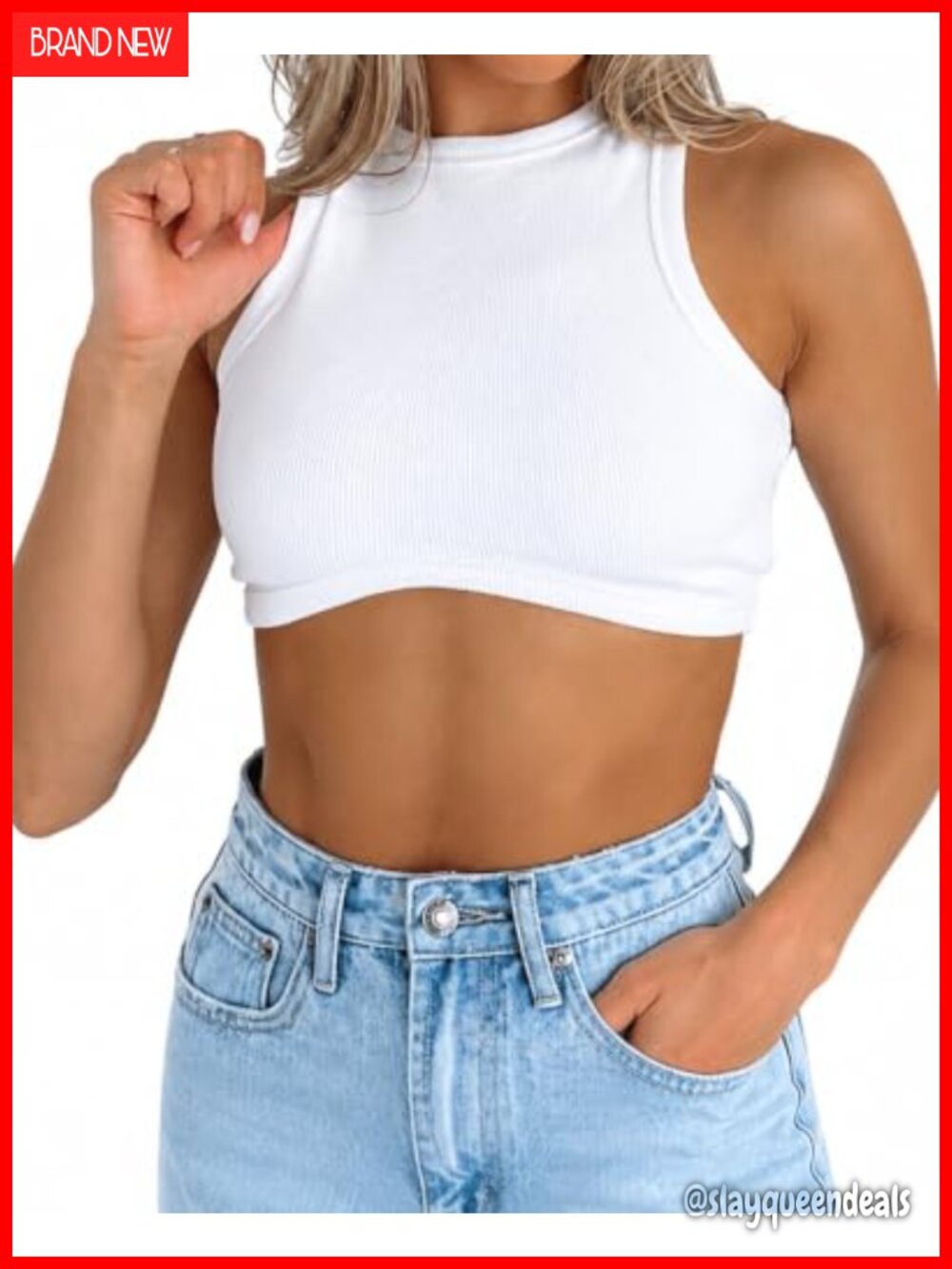 Ribbed Knit Racerback Crop Tank Top Slim Fit Sleeveless Crew Neck